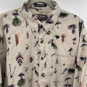 VTG Chaps Ralph Lauren Fly Fishing Lures Print Button Down Shirt Mens XL Tan